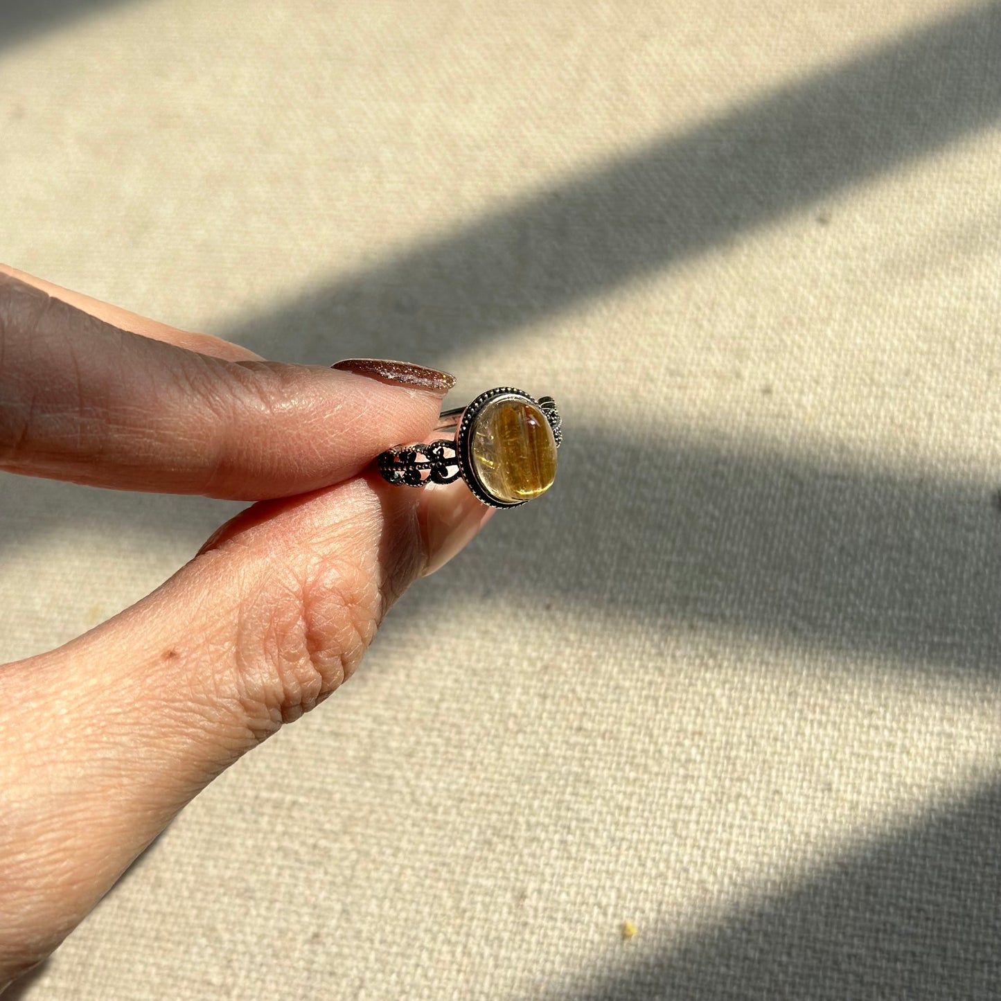 Golden Rutilated Quartz Cabochon Adjustable Sterling Silver Ring