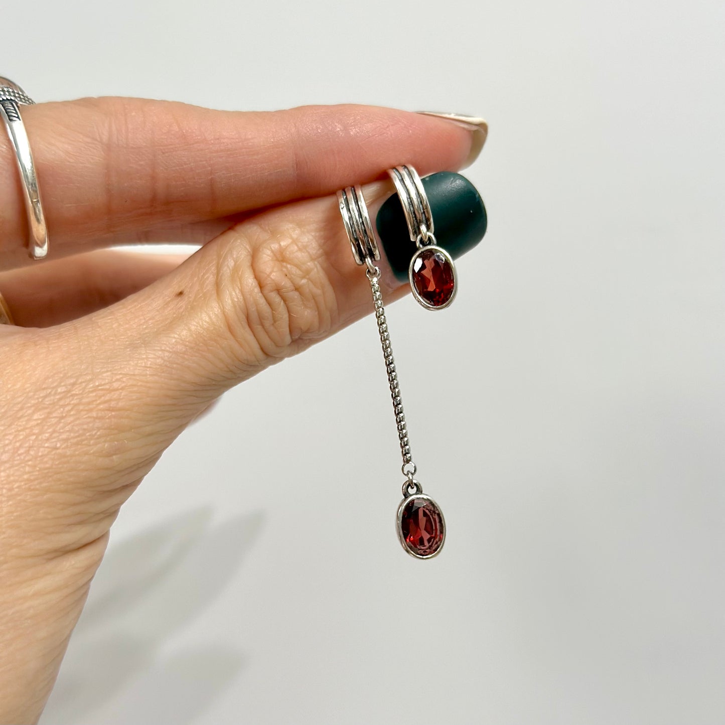 Garnet Dangling Bezel Set Sterling Silver Ear Hoop