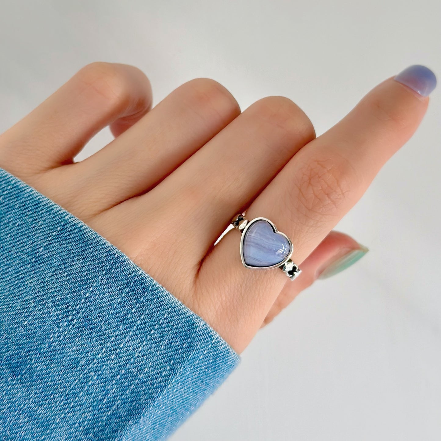 Blue Lace Agate Heart Adjustable Sterling Silver Ring