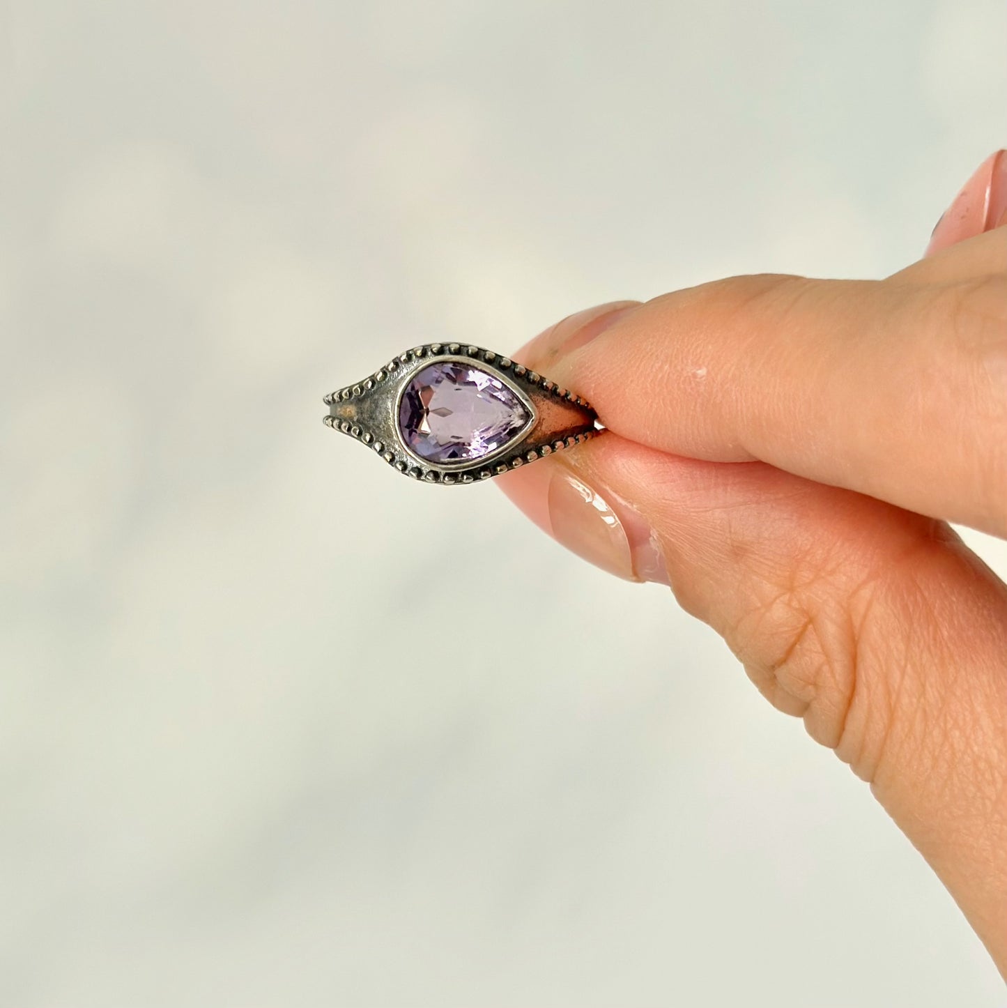 Amethyst Horizontal February Birthstone Adjustable Sterling Silver Ring