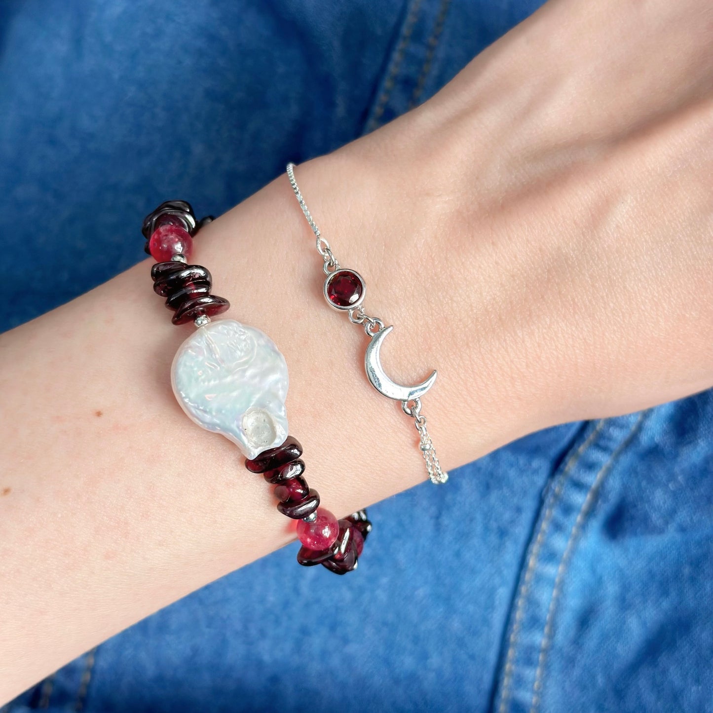 Garnet With Strawberry Quartz And Baroque Pearl Beaded Bracelet