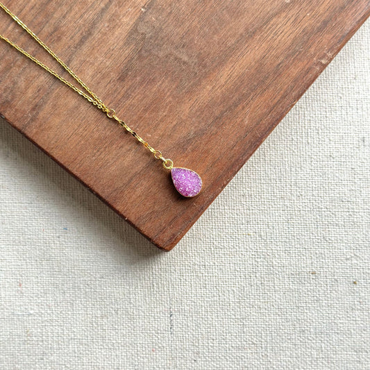 Pink Druzy Y-shaped Front Gold-plated Sterling Silver Necklace