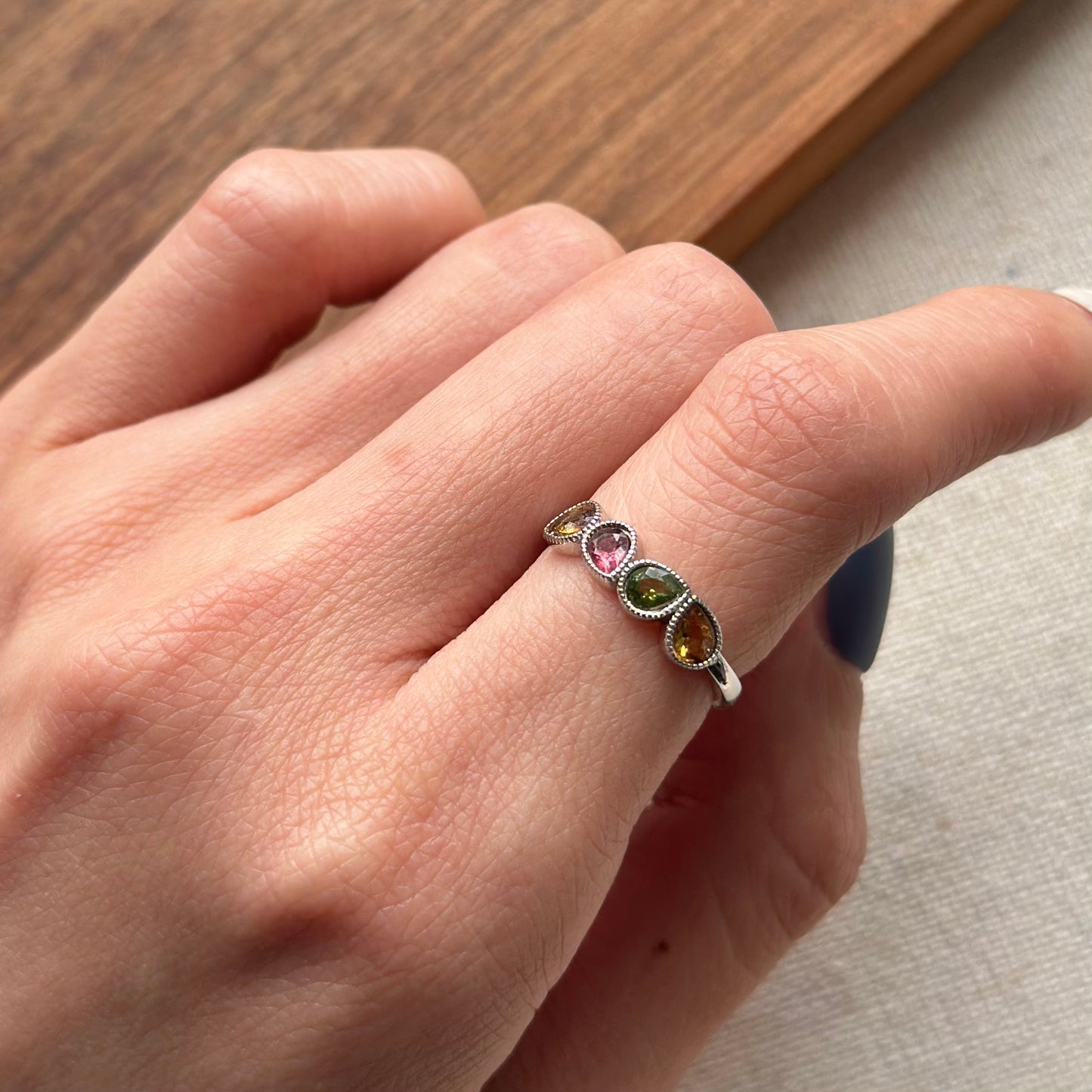 Mixed Tourmaline Pear-shaped Adjustable Sterling Silver Ring