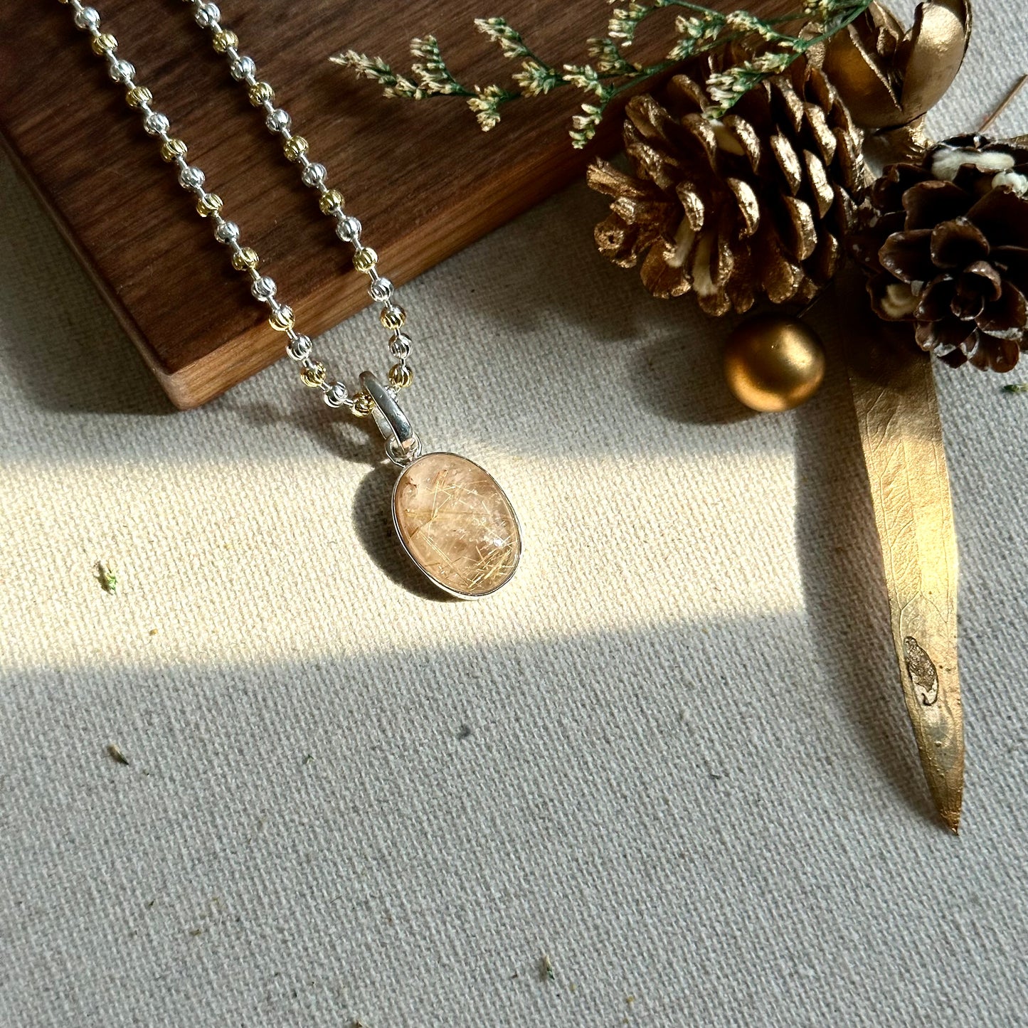 Golden Rutilated Quartz Pendant Two-tone Gold-plated Sterling Silver Necklace