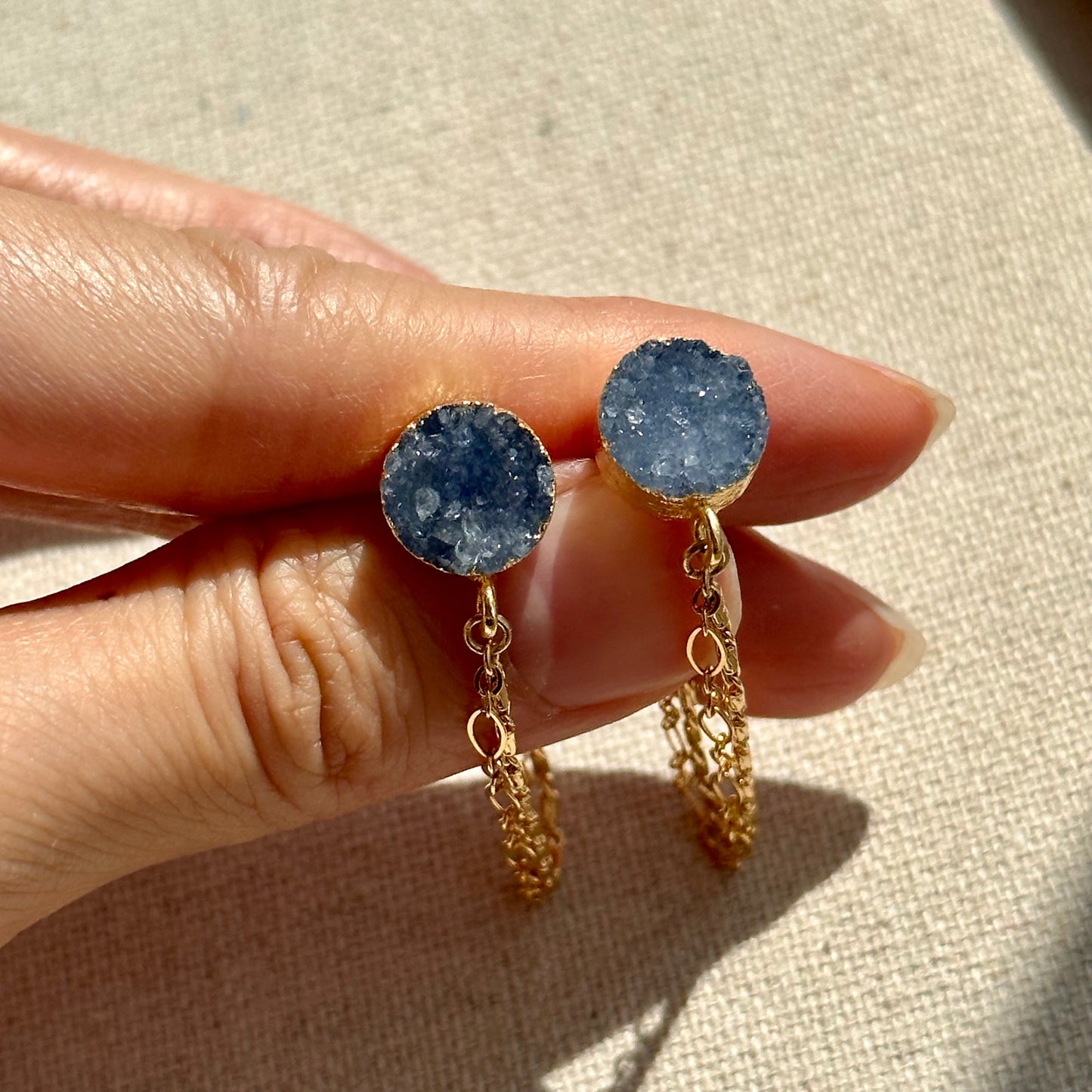 Blue Druzy And Chain Hoop-like Gold-plated Earring