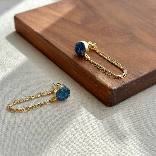 Blue Druzy And Chain Hoop-like Gold-plated Earring