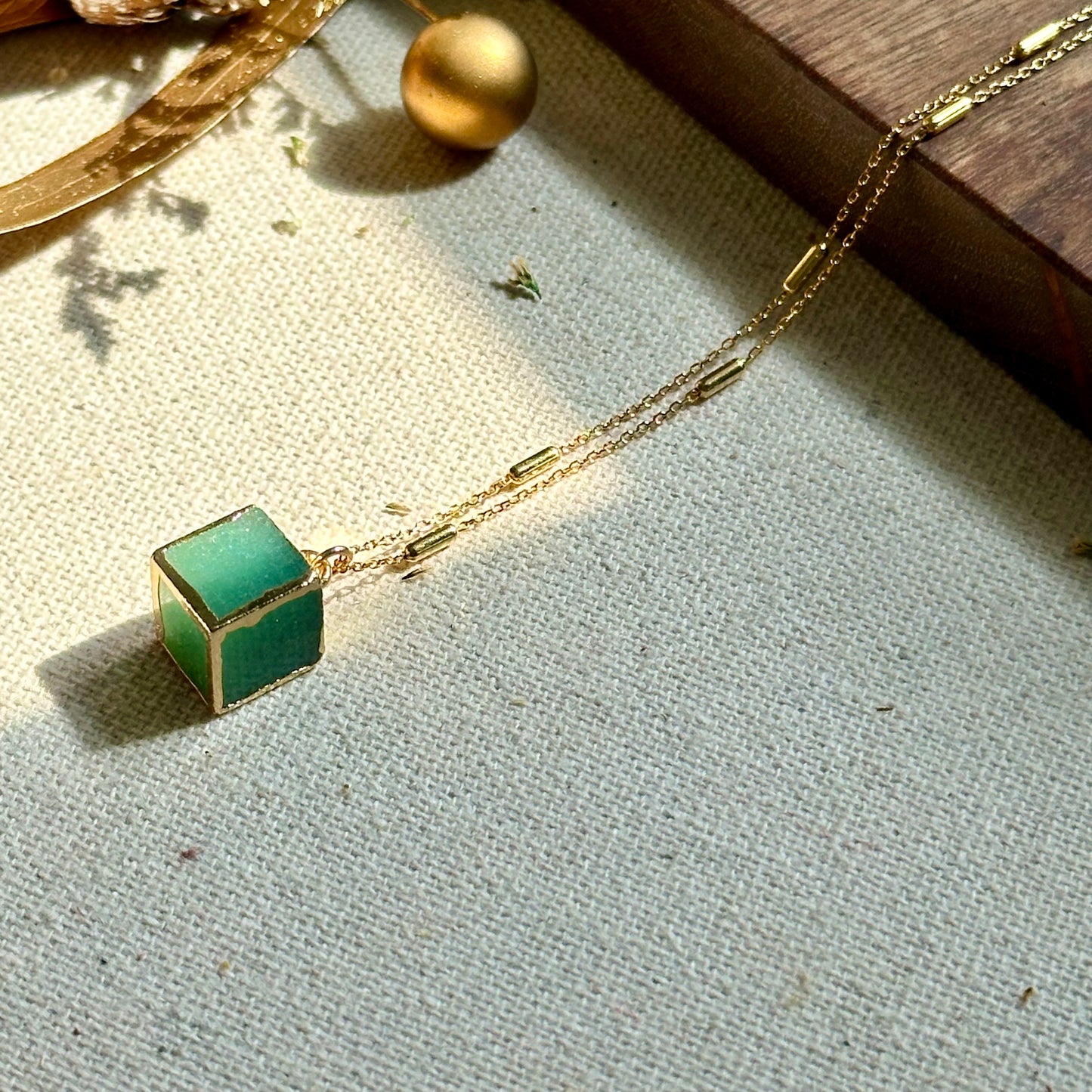 Aventurine Cube Gold-plated Sterling Silver Necklace