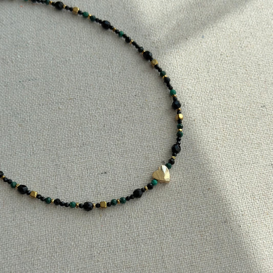 Black Spinel And Malachite Heart Beaded Necklace