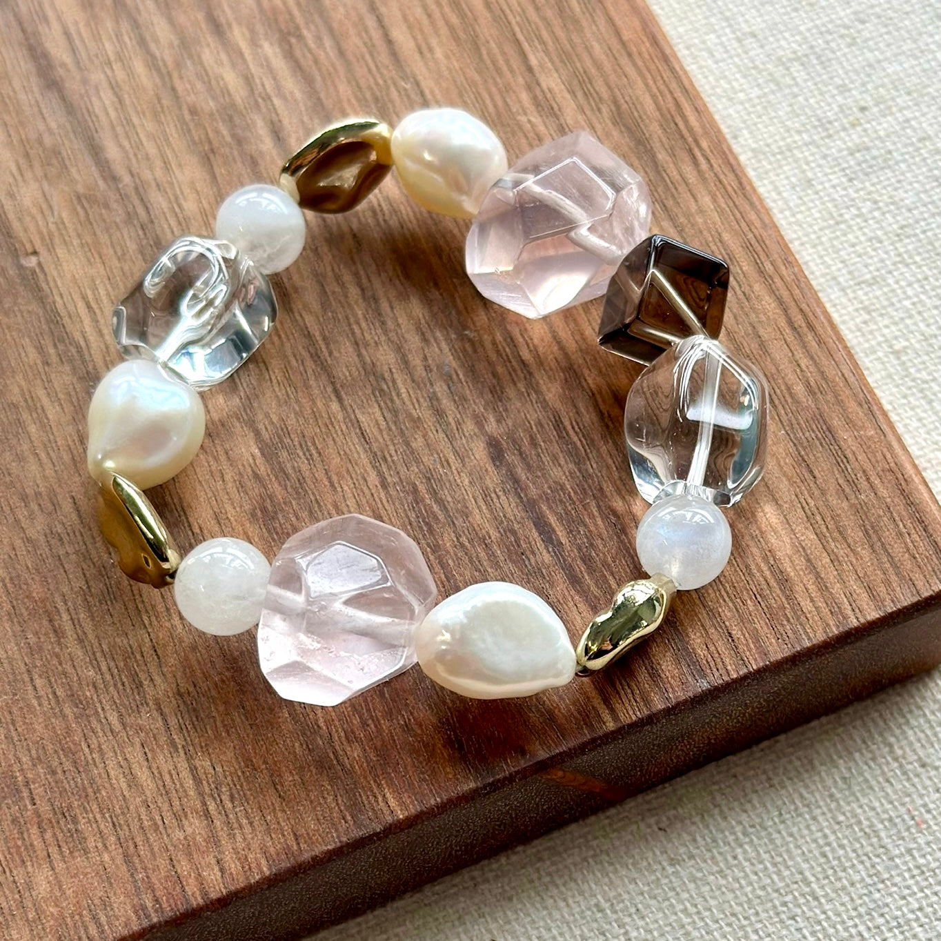 Rose Quartz and Clear Quartz Mixed Smoky Quartz Beaded Stretched Bracelet