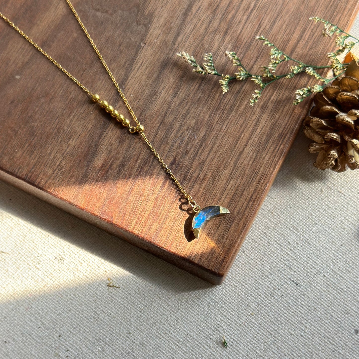 Labradorite Crescent Asymmetric Two-way Gold-plated Sterling Silver Necklace