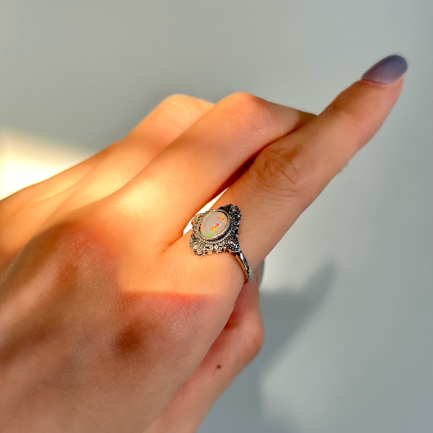 Opal Vintage Inspired Adjustable Sterling Silver Ring