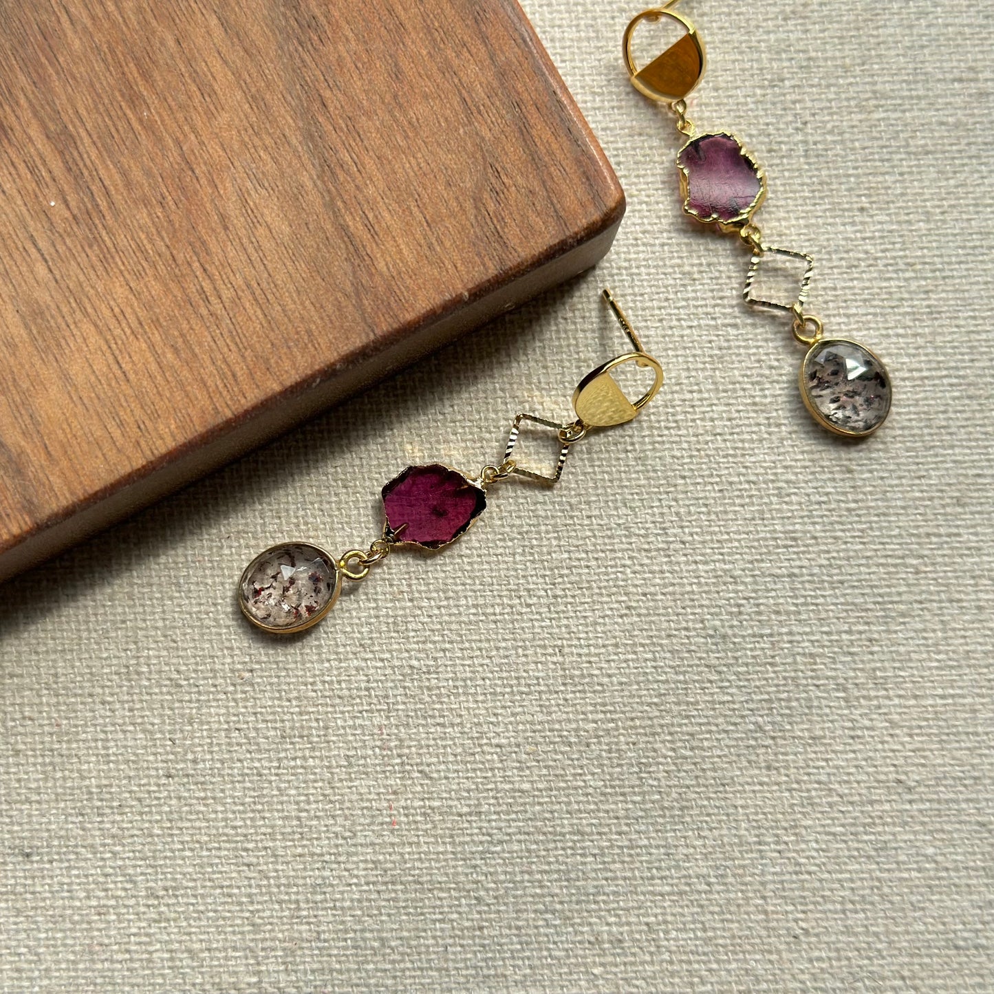 Garnet Raw Stone And Super Seven Geometric Gold-plated Earring