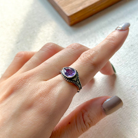 Amethyst Horizontal February Birthstone Adjustable Sterling Silver Ring