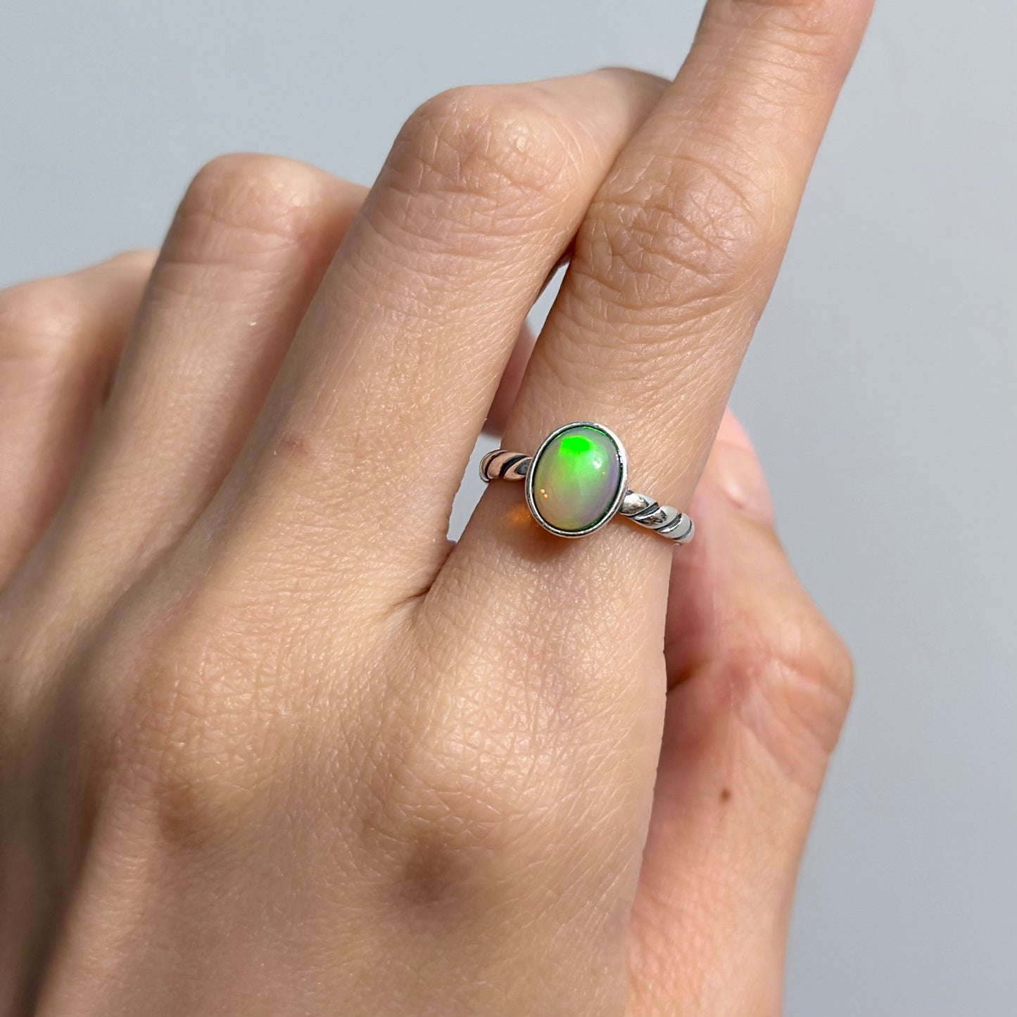 Opal Cabochon Bezel Set Adjustable Sterling Silver Ring