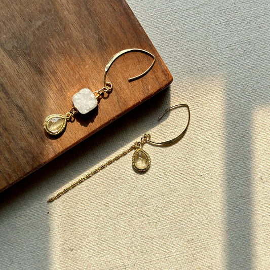 Golden Rutilated Quartz And Druzy Square Gold-plated Earring