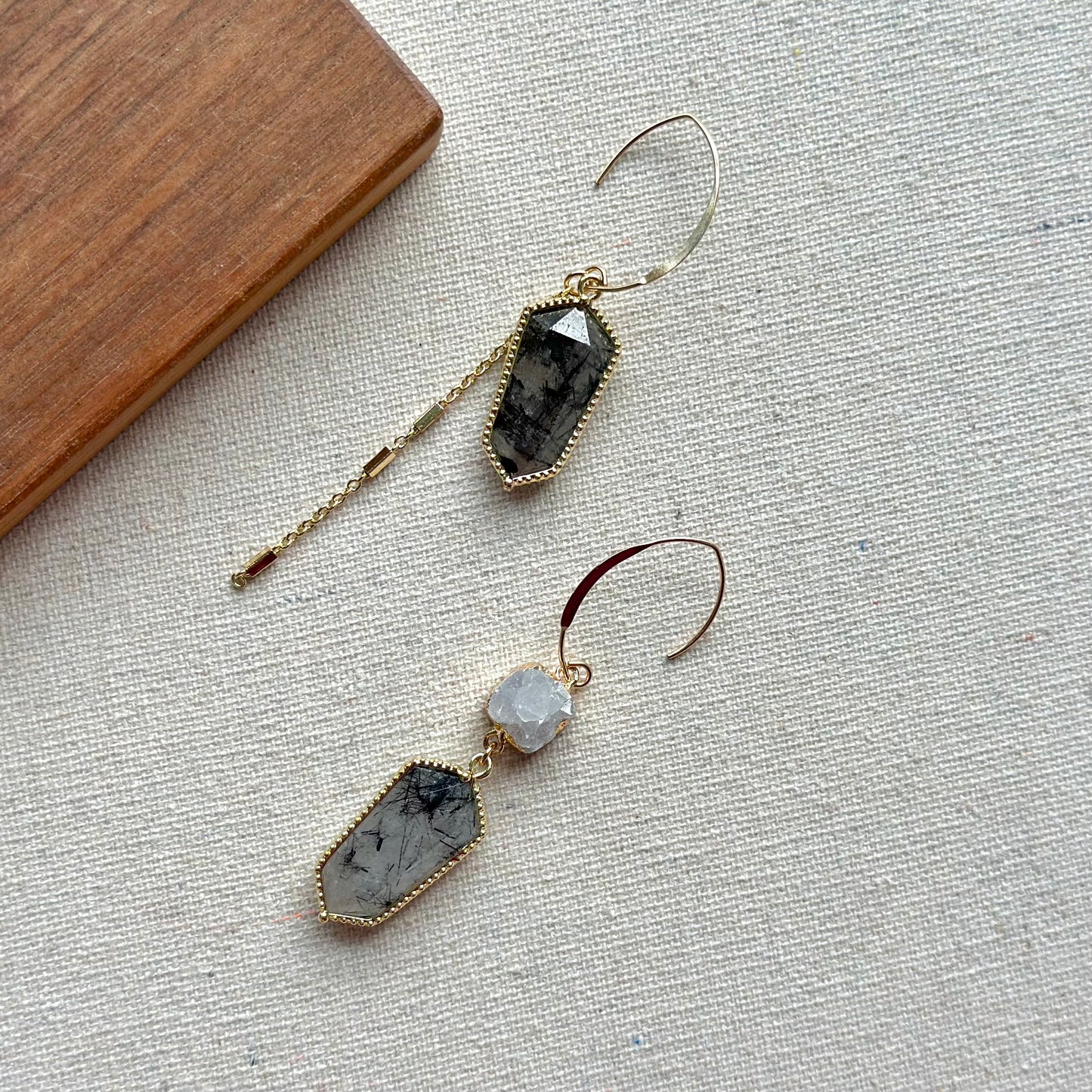 Black Rutilated Quartz And Druzy Gold-plated Earring