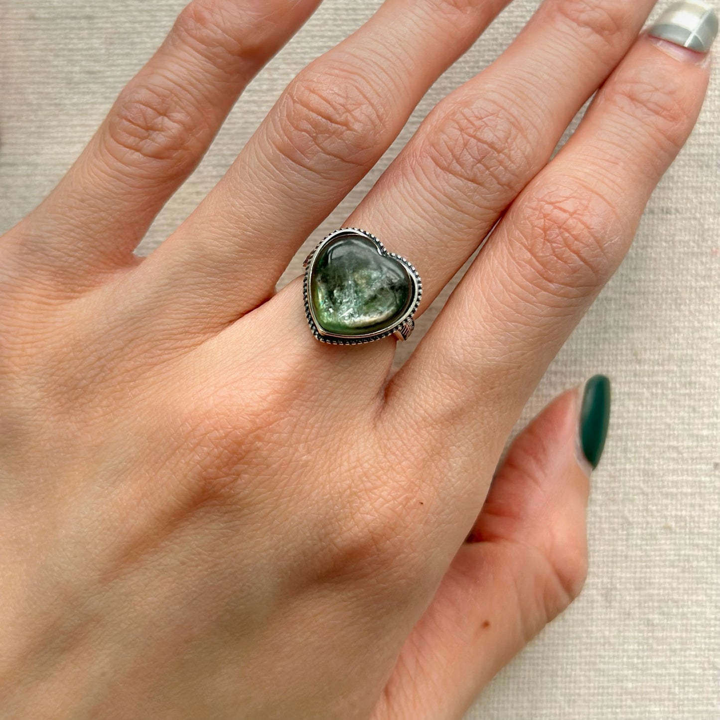 Green Lepidolite Heart Adjustable Sterling Silver Ring