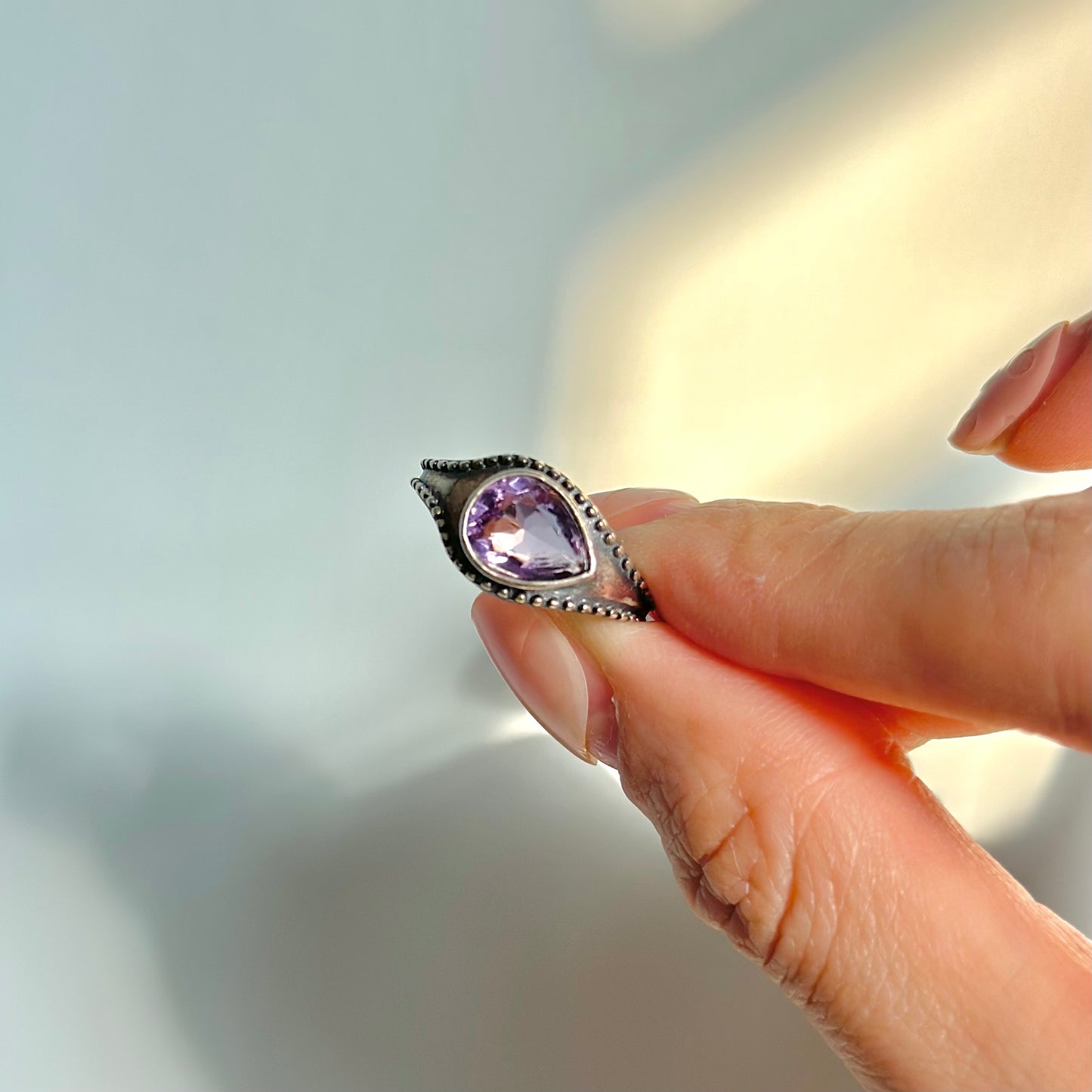 Amethyst Horizontal February Birthstone Adjustable Sterling Silver Ring