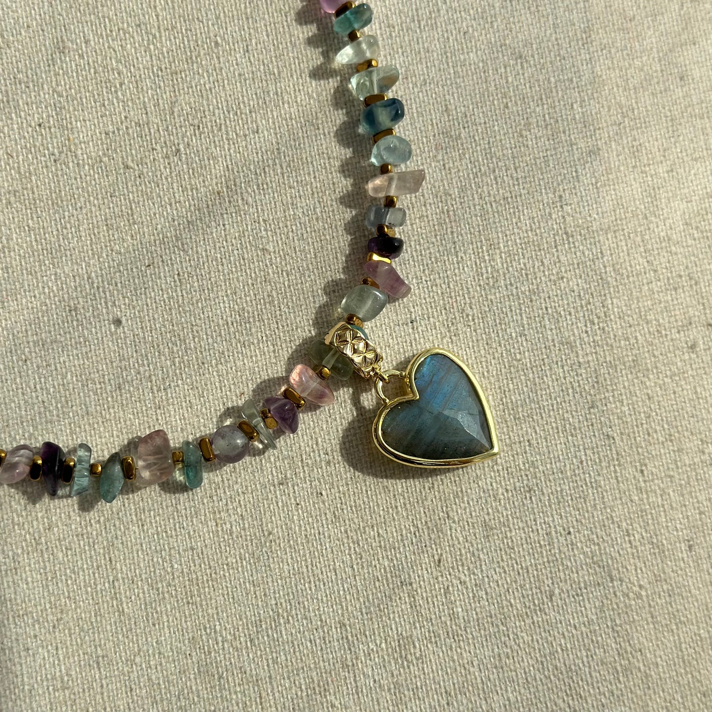 Labradorite Heart Pendant And Fluorite Beaded Two-way Necklace