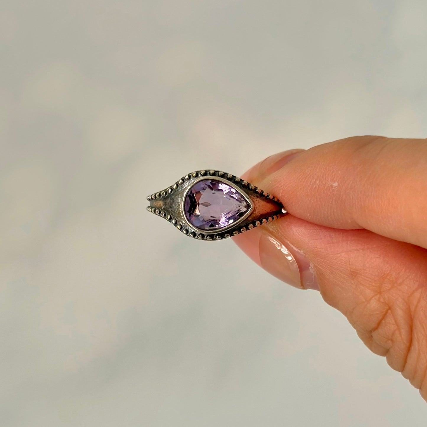 Amethyst Horizontal February Birthstone Adjustable Sterling Silver Ring