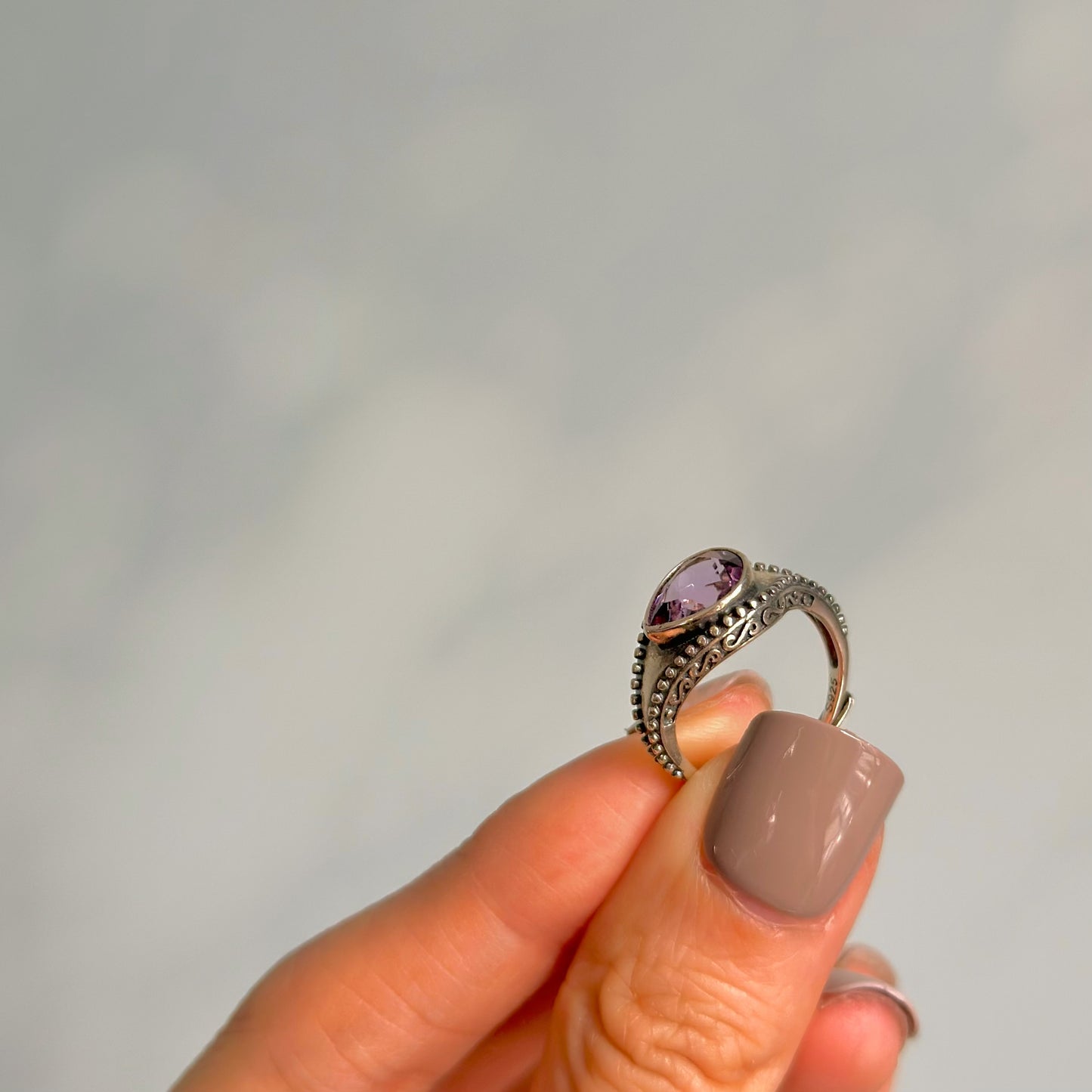 Amethyst Horizontal February Birthstone Adjustable Sterling Silver Ring