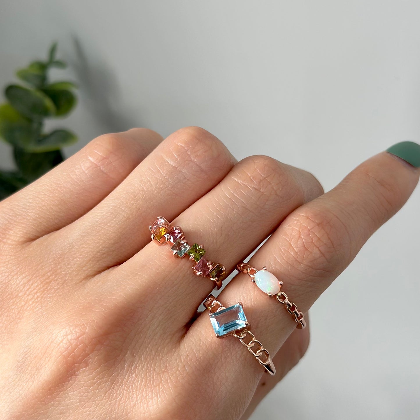 Opal Chain Ring Band Adjustable Rose Gold-plated Sterling Silver Ring