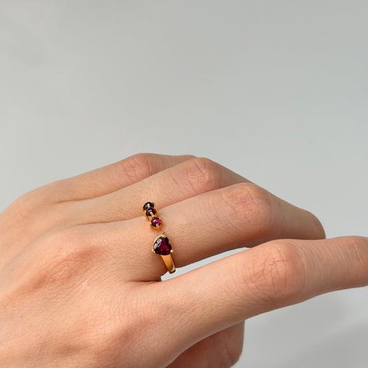 Garnet Heart Front Open Adjustable Gold-plated Sterling Silver Ring