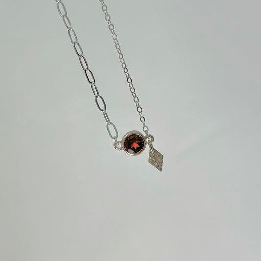 Garnet January Birthstone Asymmetric Sterling Silver Necklace