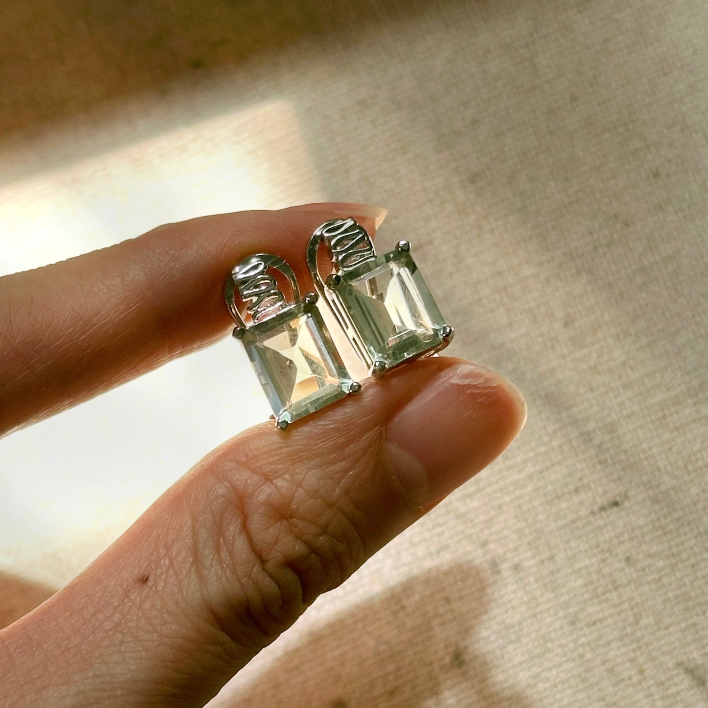 Green Amethyst Rectangle Sterling Silver Ear Stud