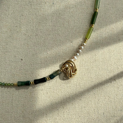 Green Agate And Prehnite Mixed Freshwater Pearl Beaded Two-way Necklace