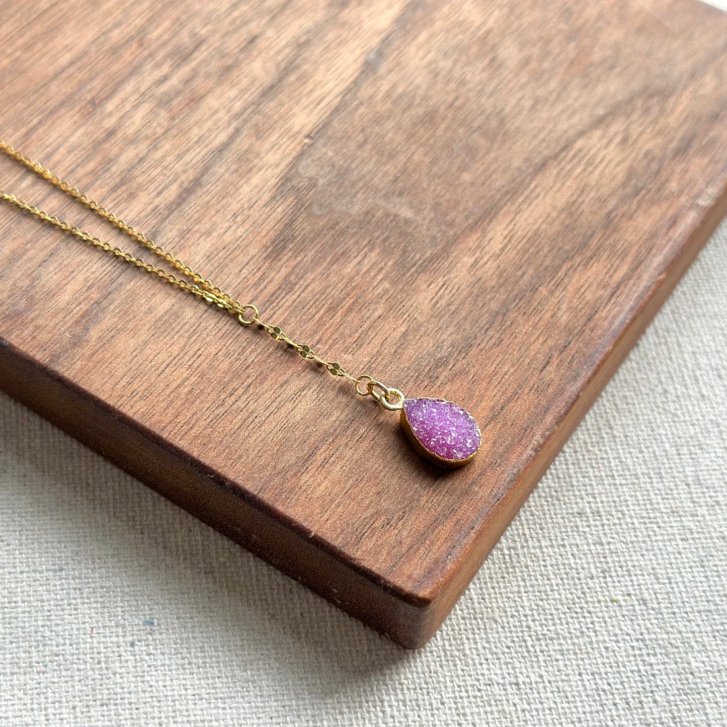 Pink Druzy Y-shaped Front Gold-plated Sterling Silver Necklace