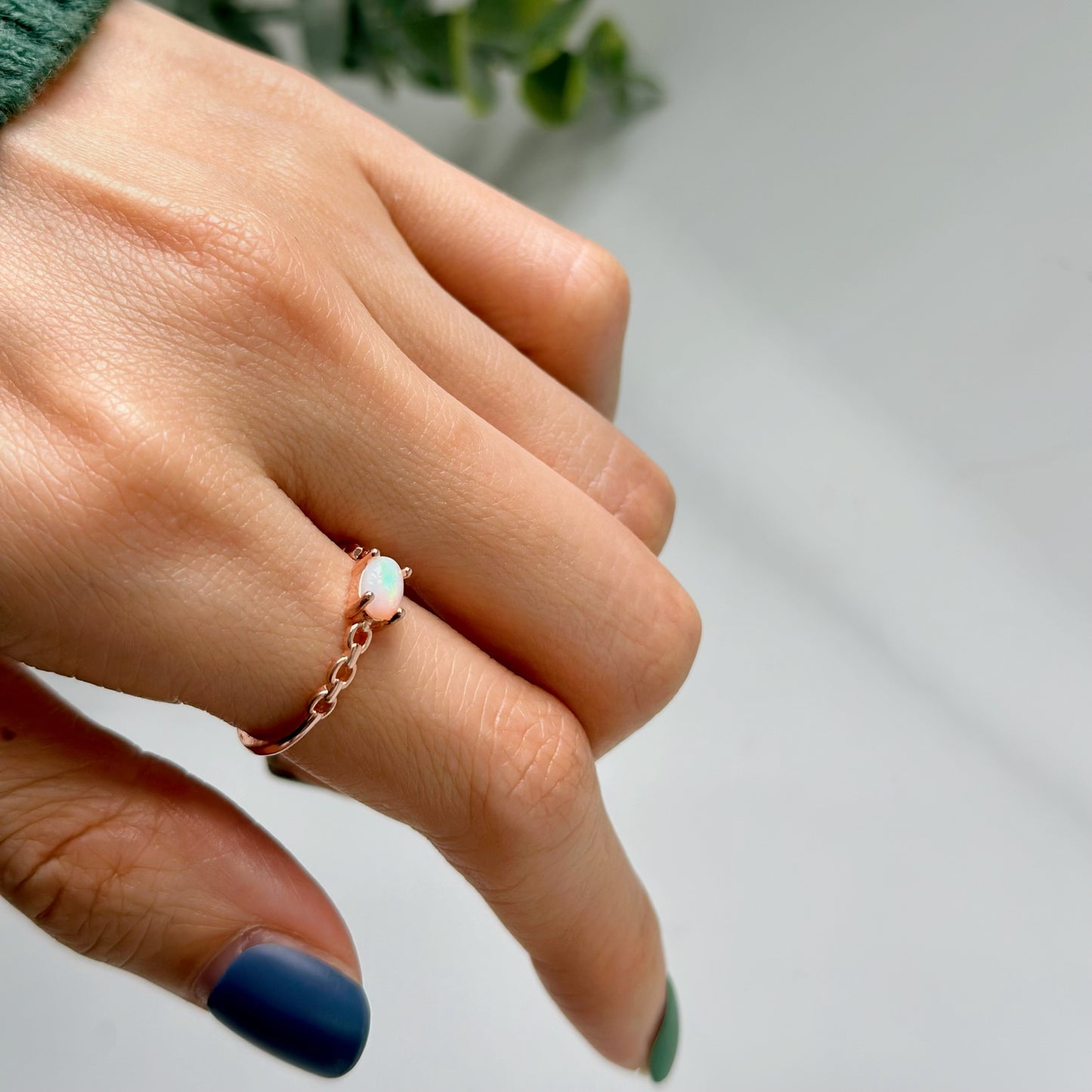 Opal Chain Ring Band Adjustable Rose Gold-plated Sterling Silver Ring