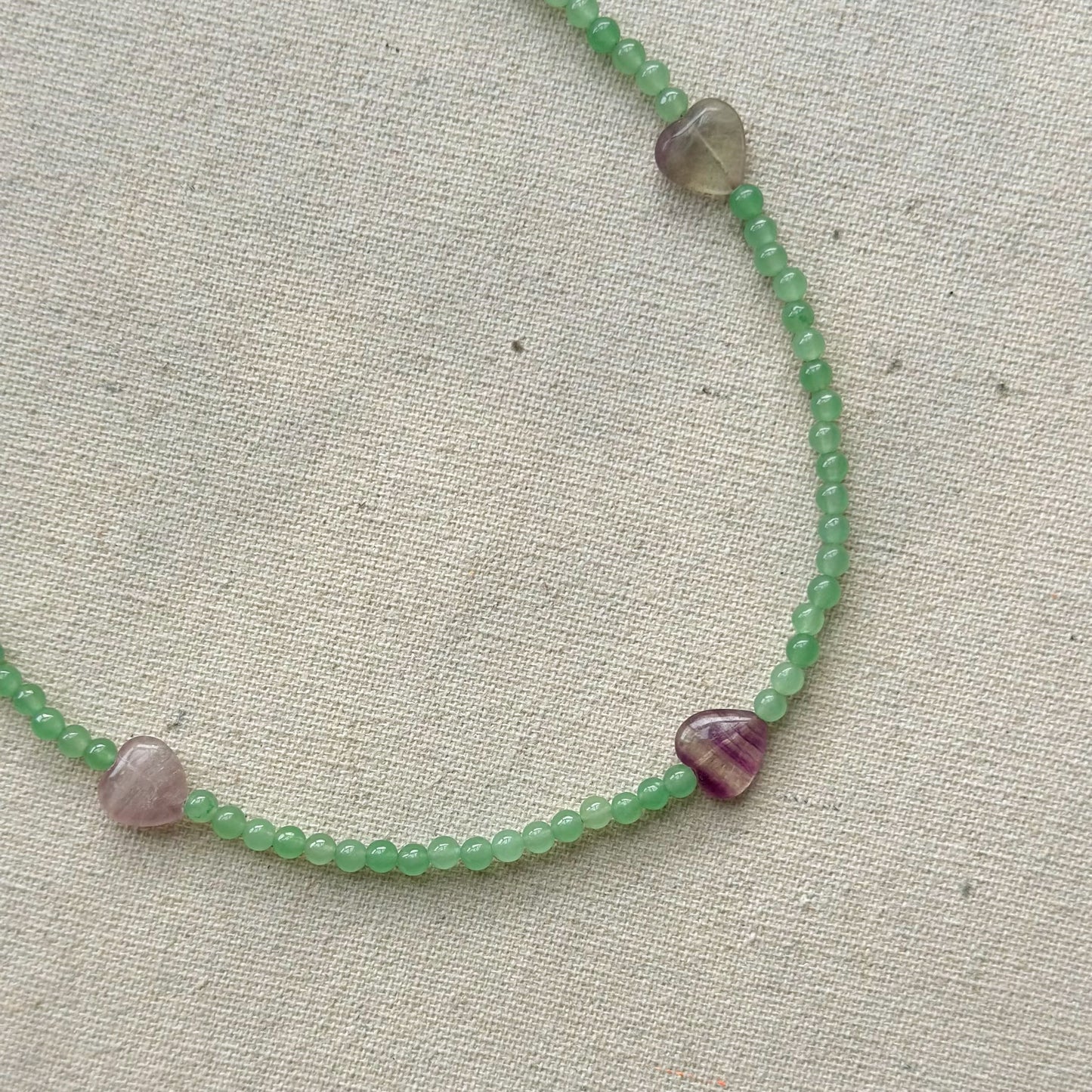 Fluorite Three Heart And Green Agate Beaded Necklace