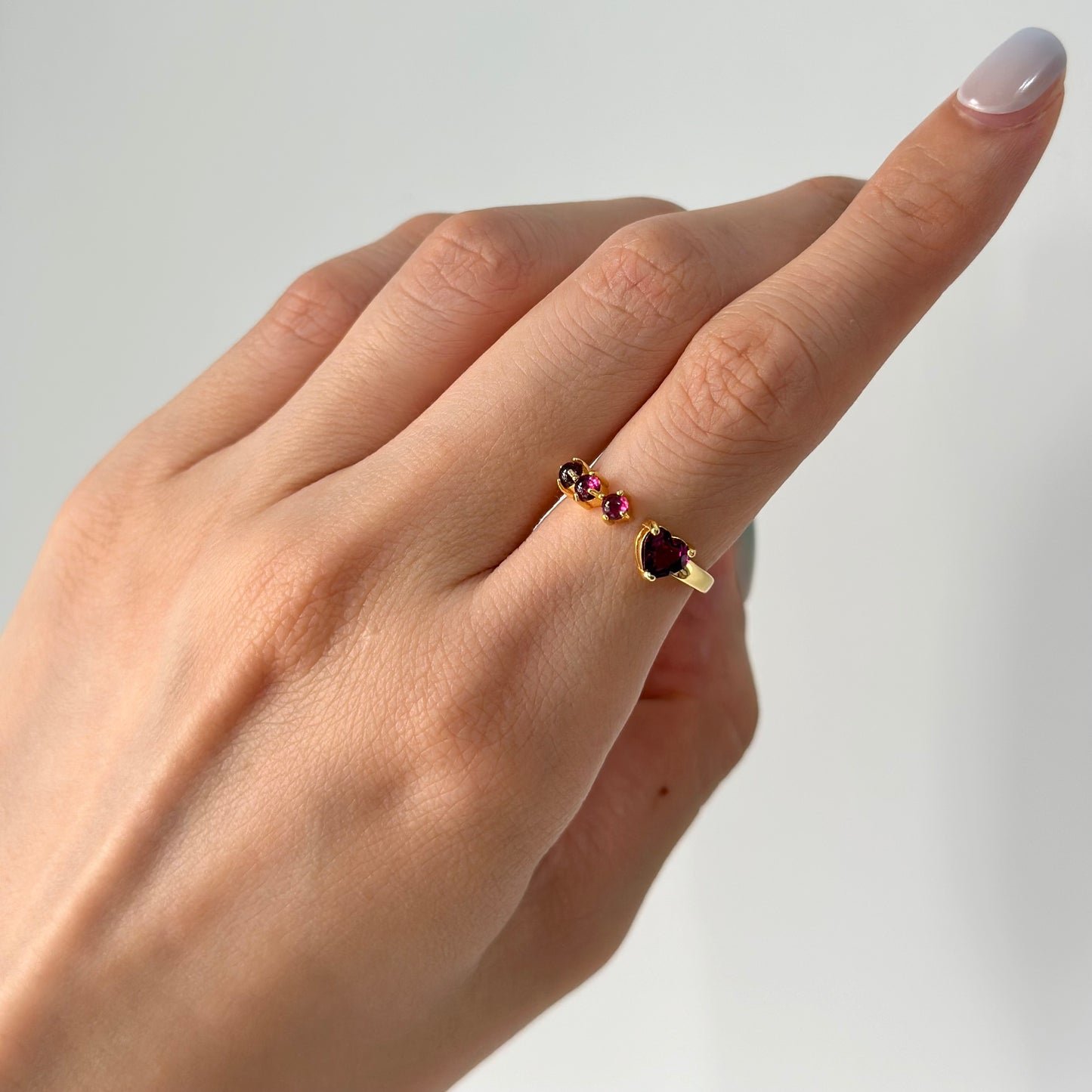 Garnet Heart Front Open Adjustable Gold-plated Sterling Silver Ring