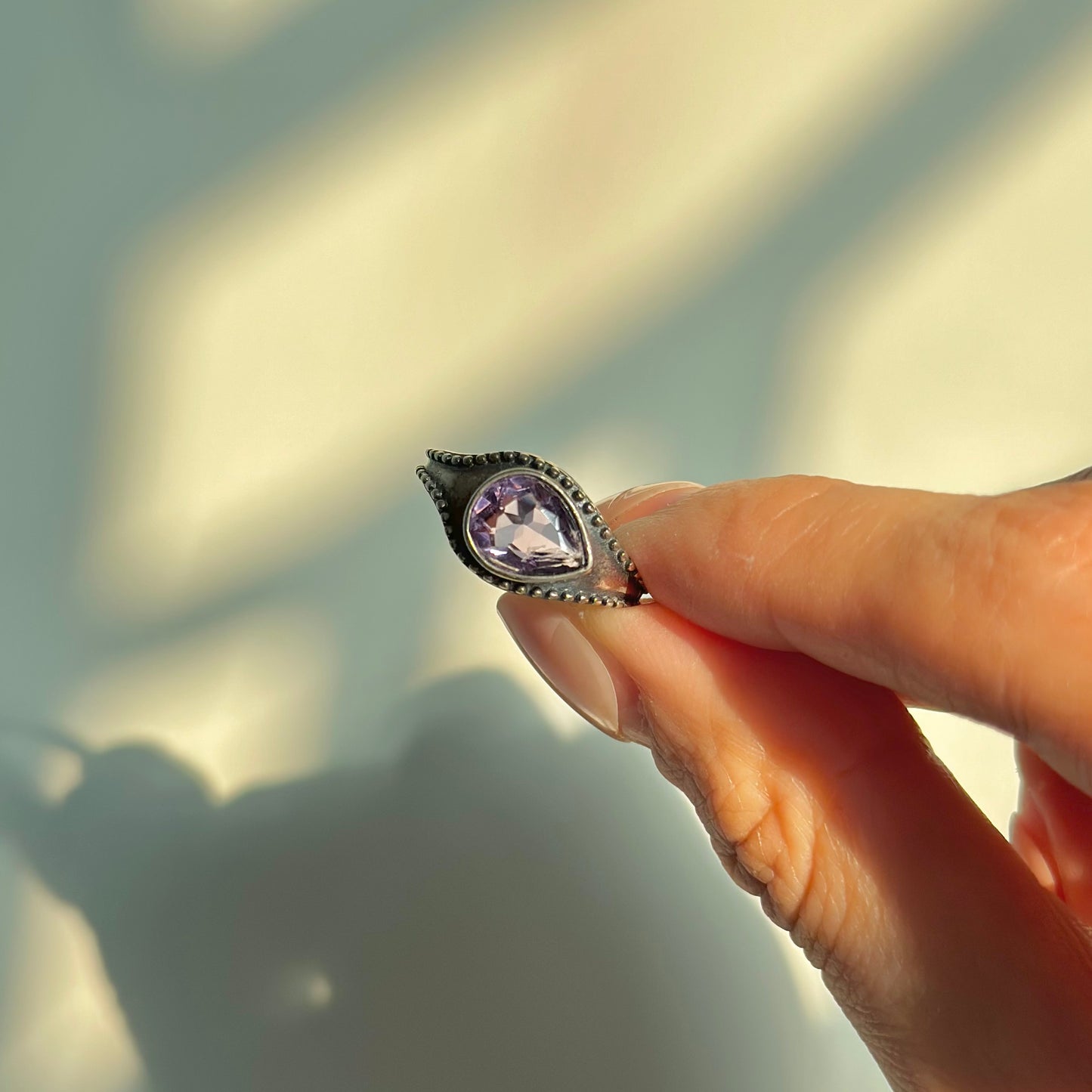 Amethyst Horizontal February Birthstone Adjustable Sterling Silver Ring