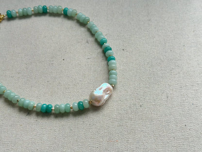 Amazonite And Baroque Freshwater Pearl Beaded Choker Necklace