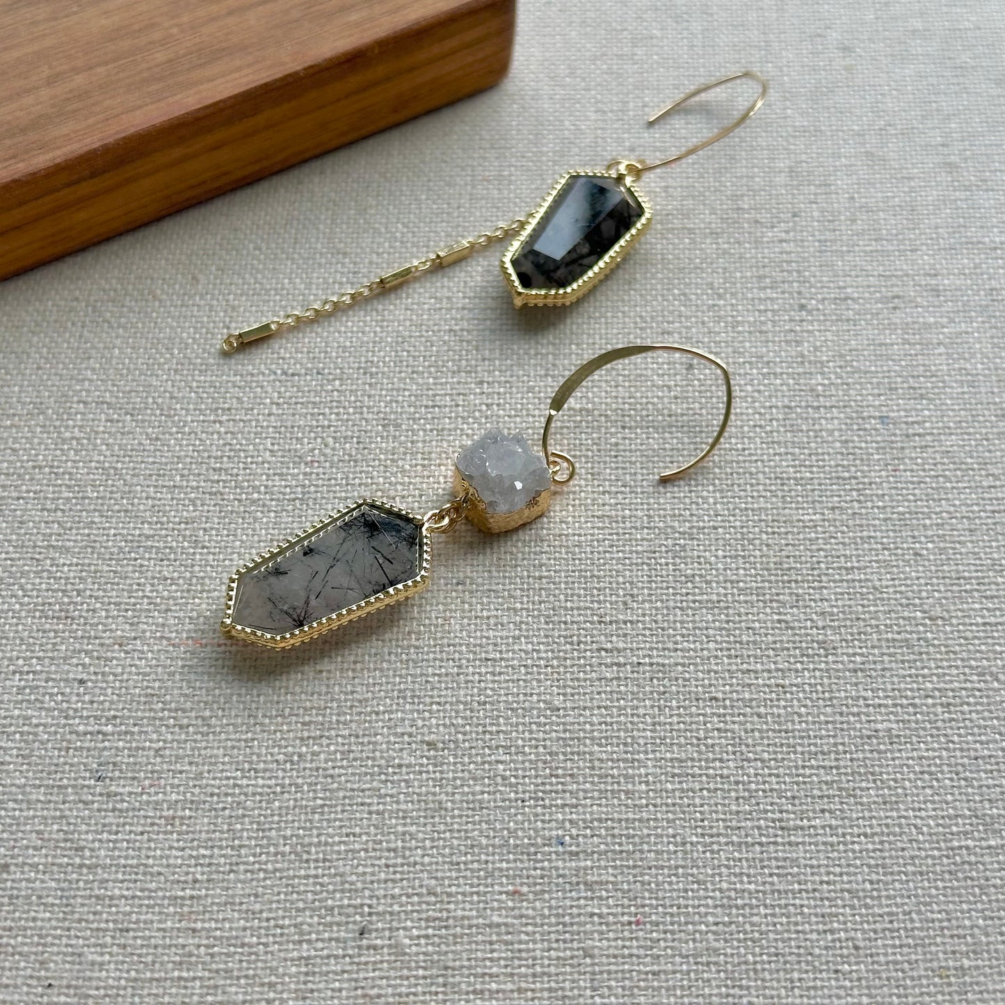 Black Rutilated Quartz And Druzy Gold-plated Earring