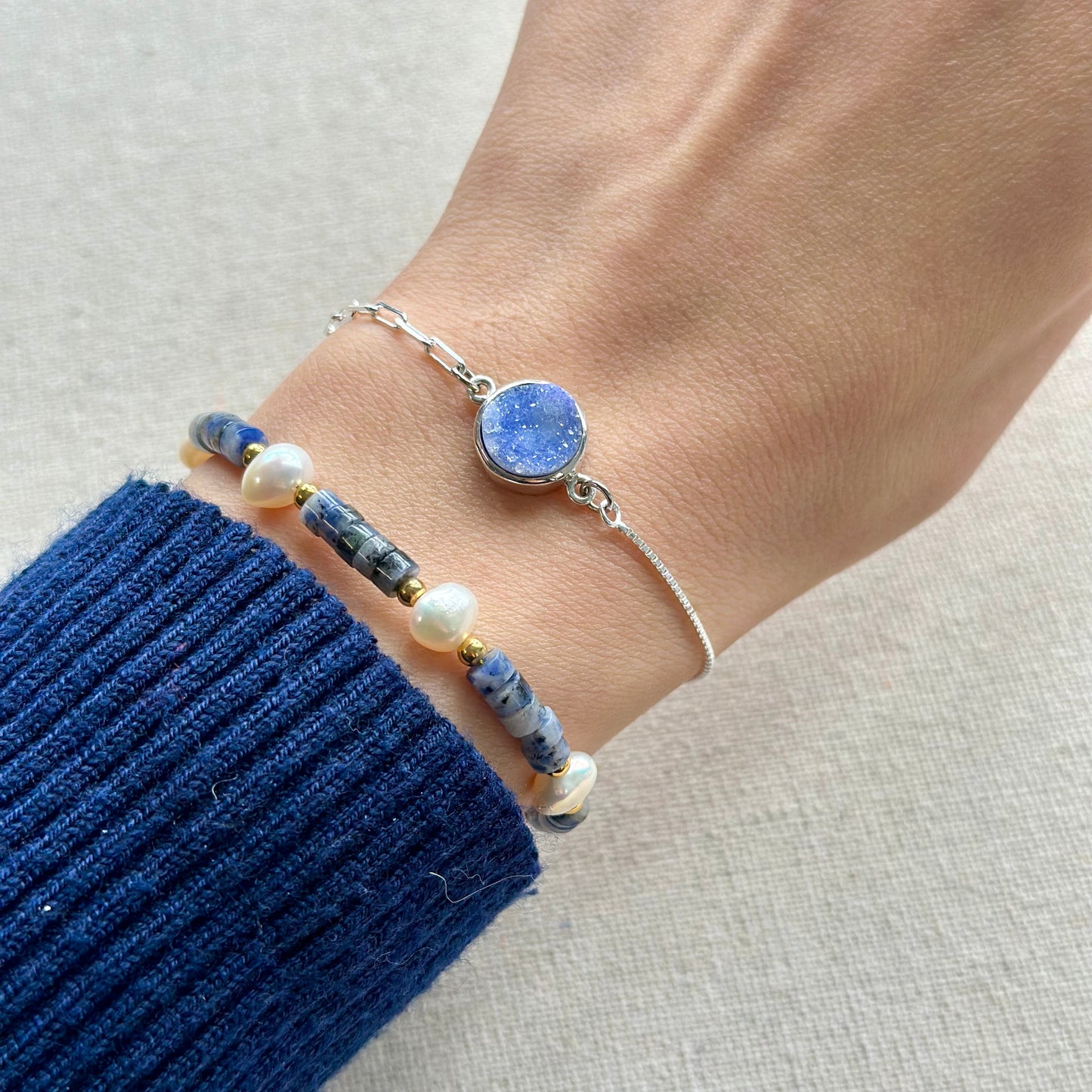 Blue Druzy Adjustable Sterling Silver Bracelet