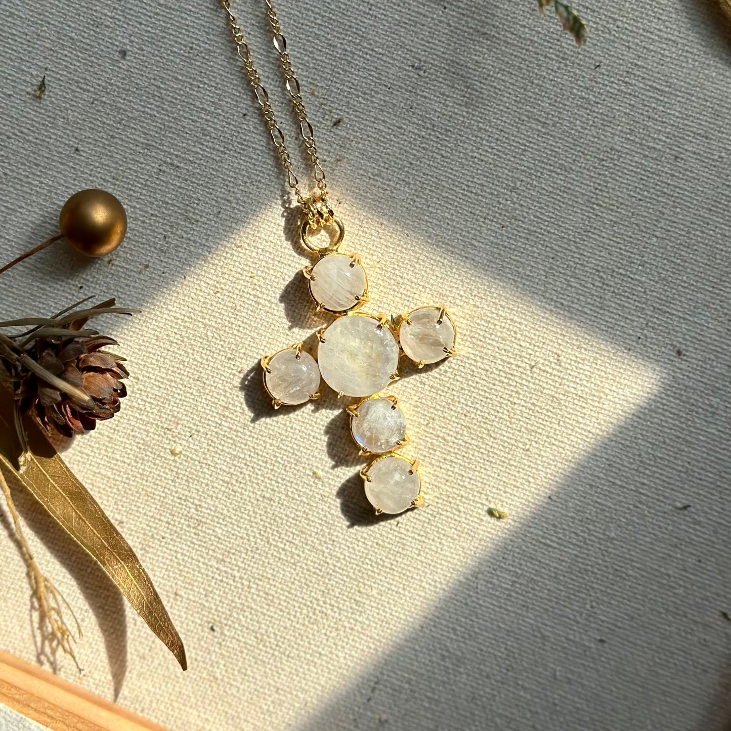 Moonstone Cross Long Gold-plated Necklace