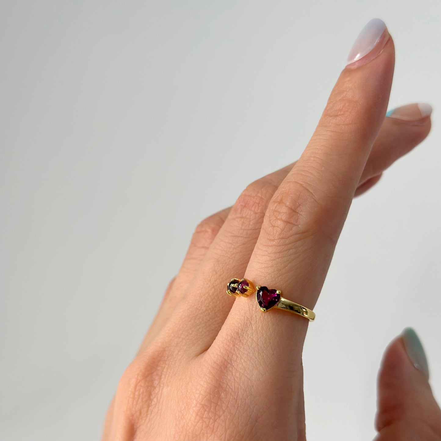 Garnet Heart Front Open Adjustable Gold-plated Sterling Silver Ring