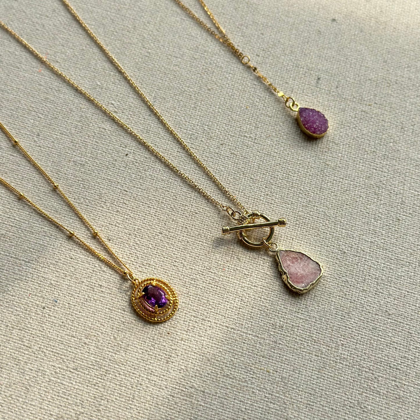 Pink Druzy Y-shaped Front Gold-plated Sterling Silver Necklace