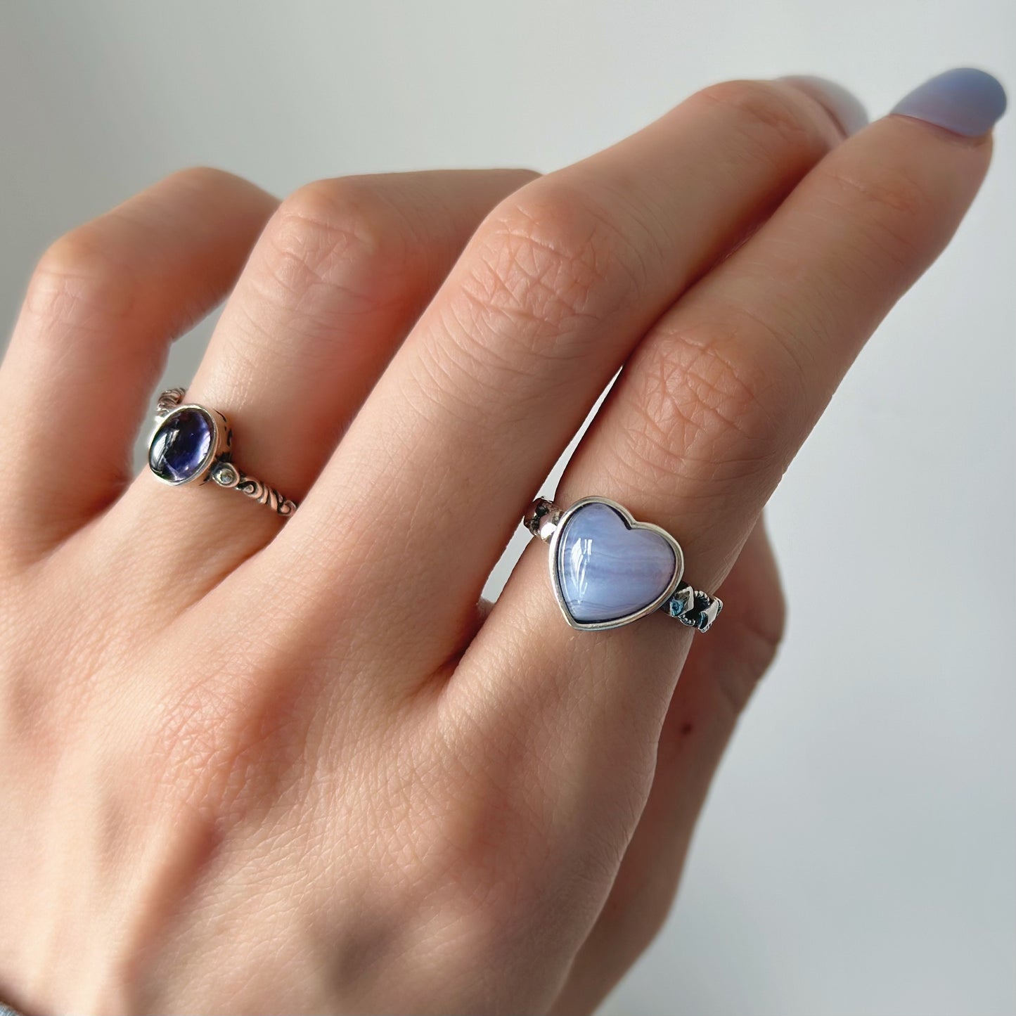 Blue Lace Agate Heart Adjustable Sterling Silver Ring