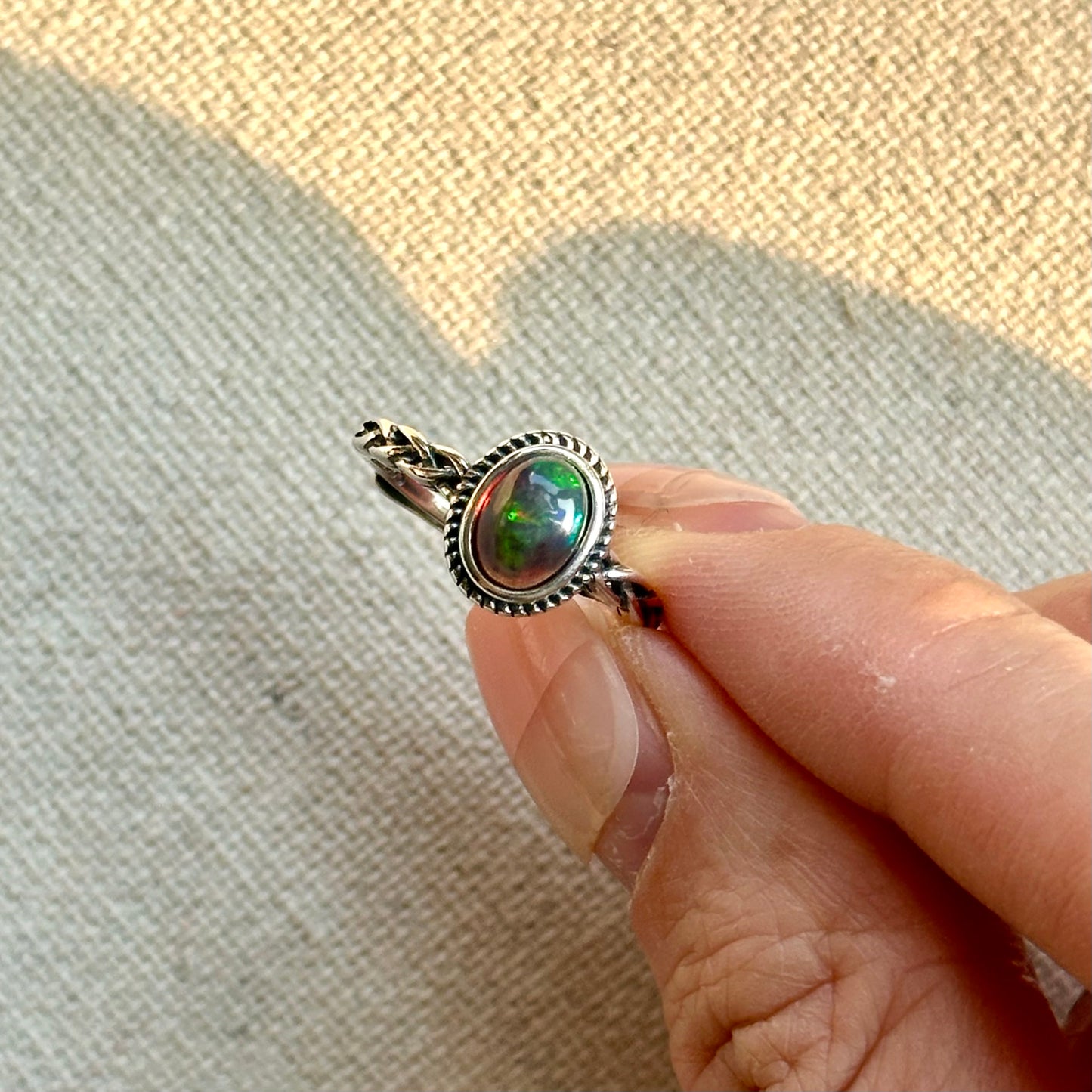 Black Opal Cabochon Twisted Band Adjustable Sterling Silver Ring