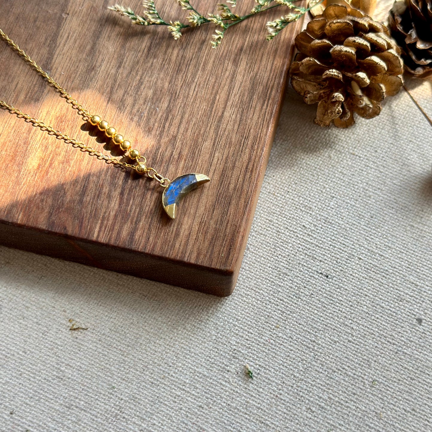 Labradorite Crescent Asymmetric Two-way Gold-plated Sterling Silver Necklace