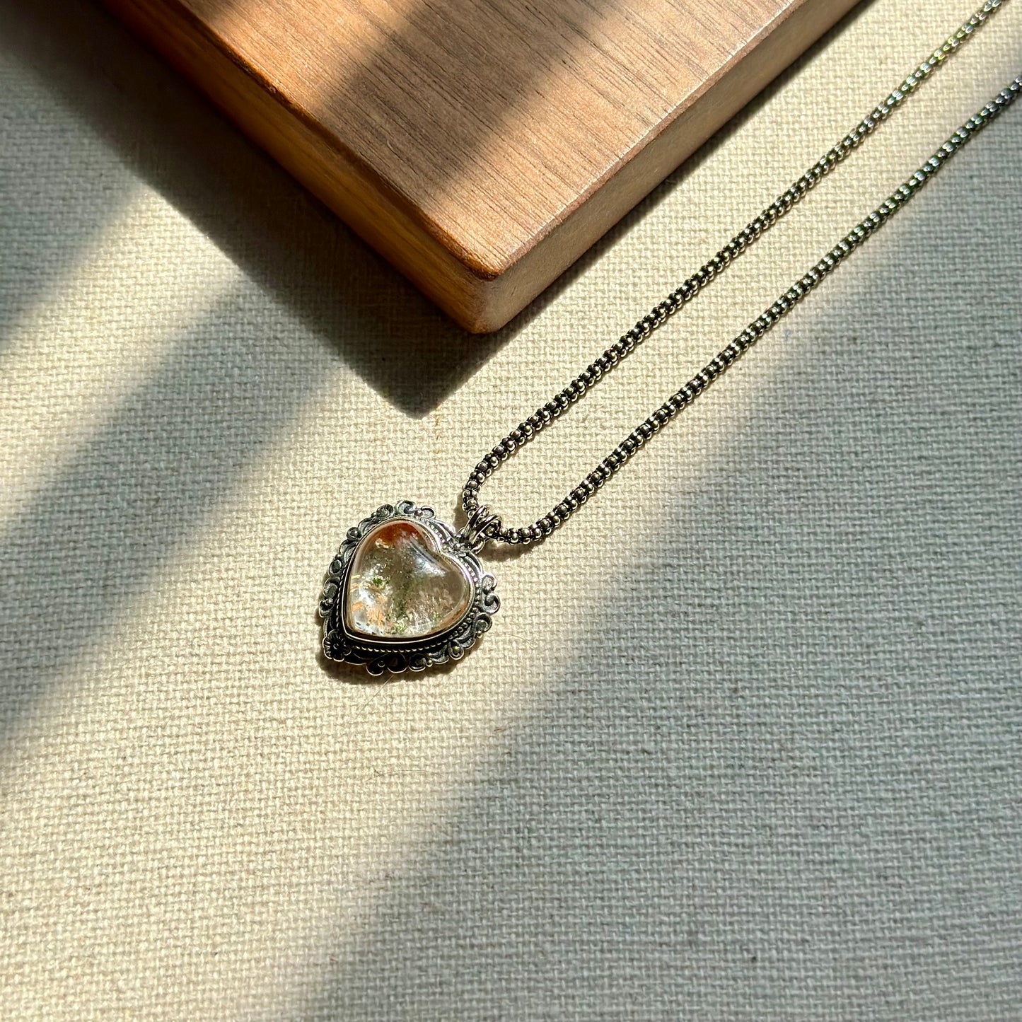 Phantom Quartz Heart Corn Chain Sterling Silver Necklace