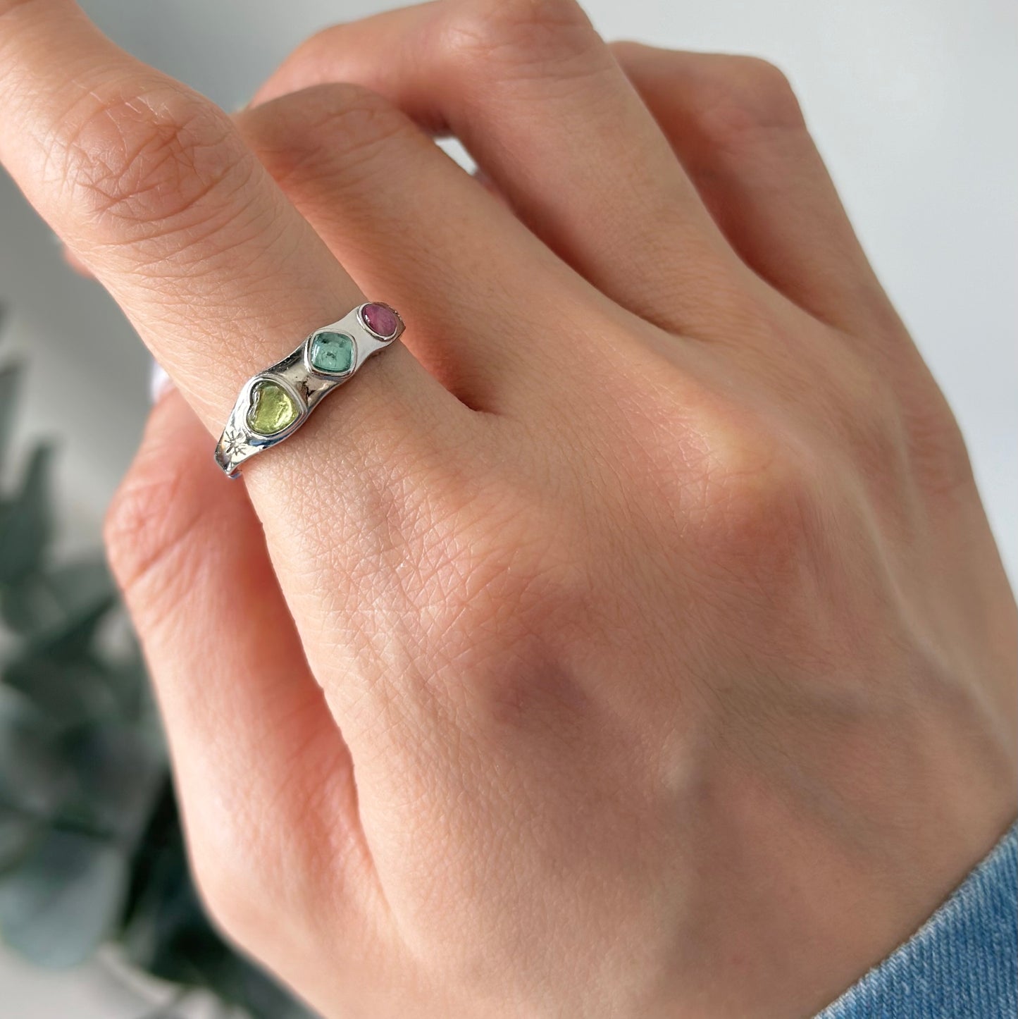 Tourmaline Heart Mix Adjustable Sterling Silver Ring