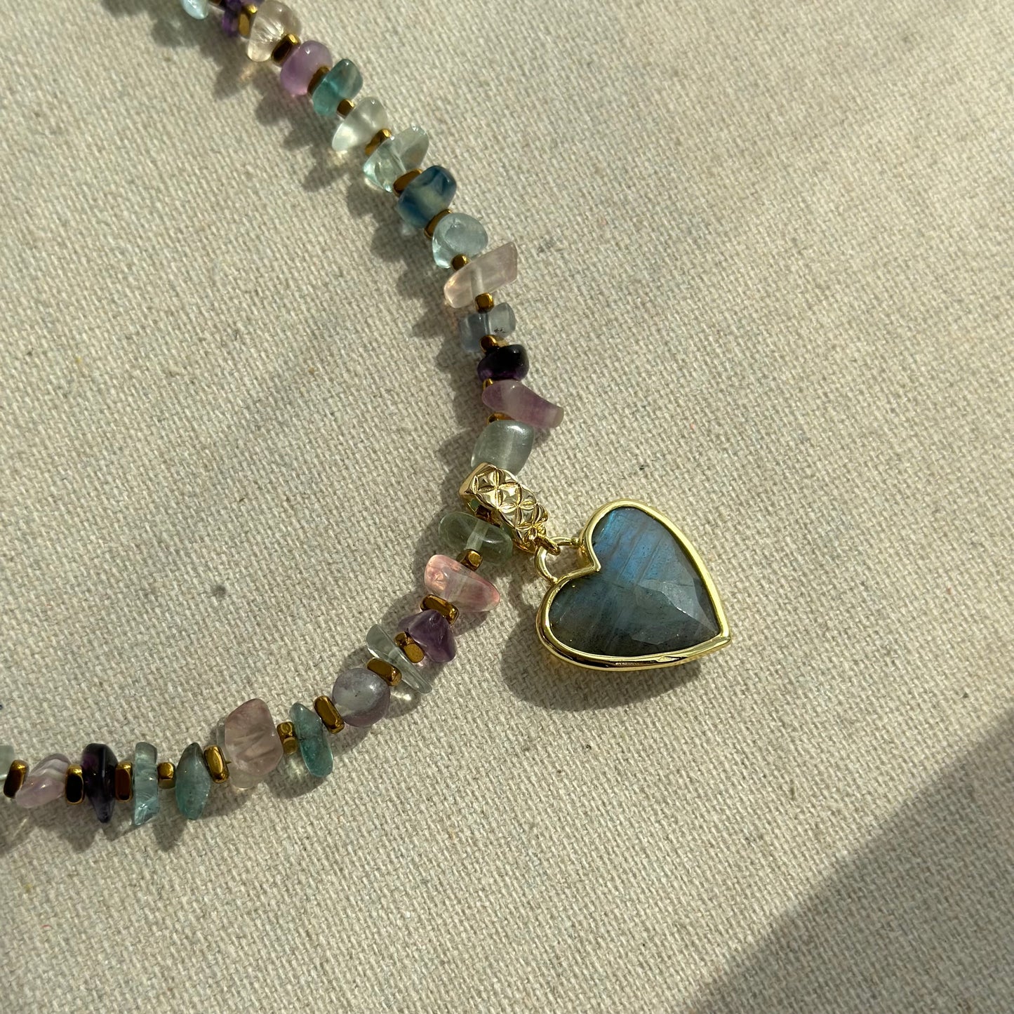 Labradorite Heart Pendant And Fluorite Beaded Two-way Necklace