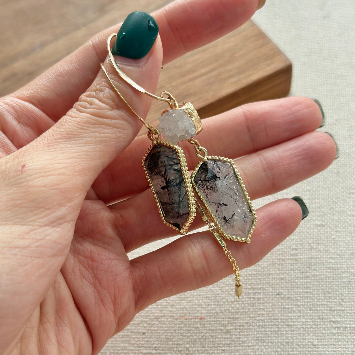 Black Rutilated Quartz And Druzy Gold-plated Earring