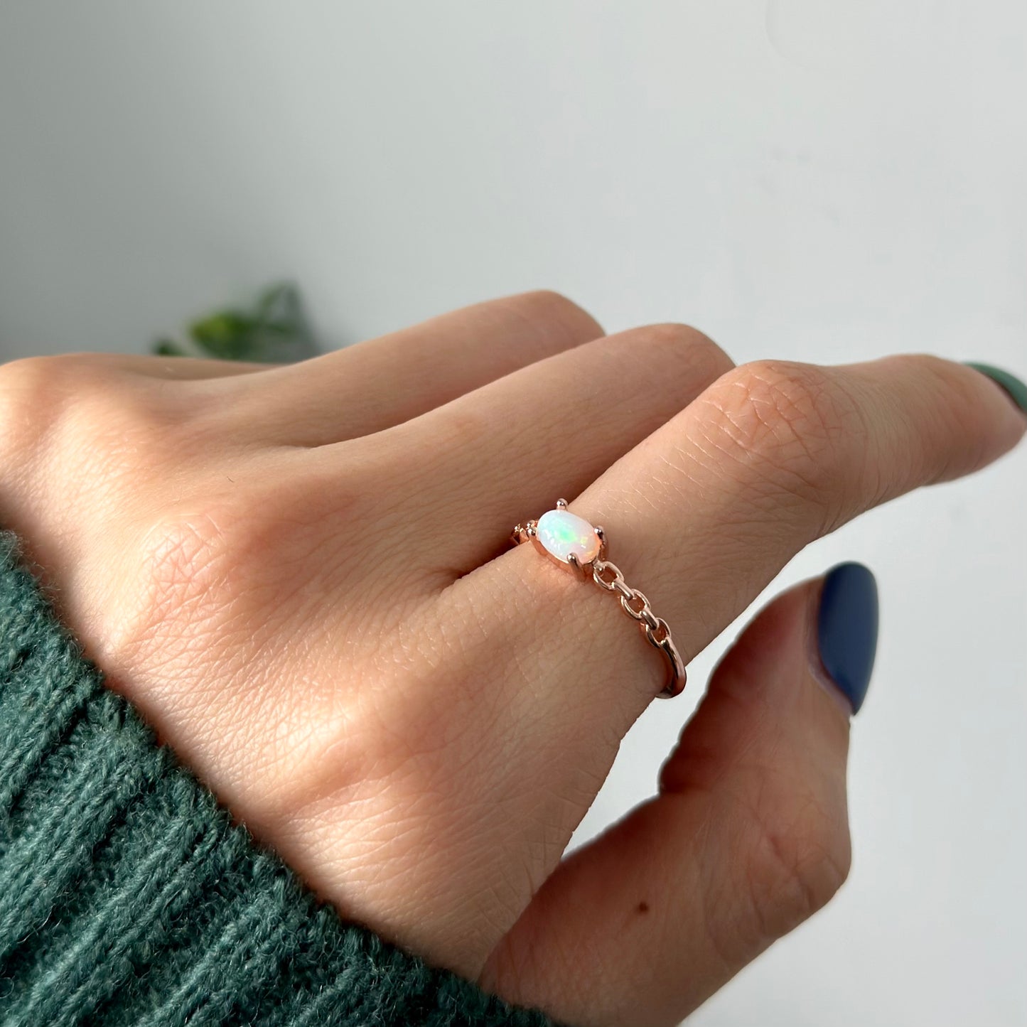 Opal Chain Ring Band Adjustable Rose Gold-plated Sterling Silver Ring