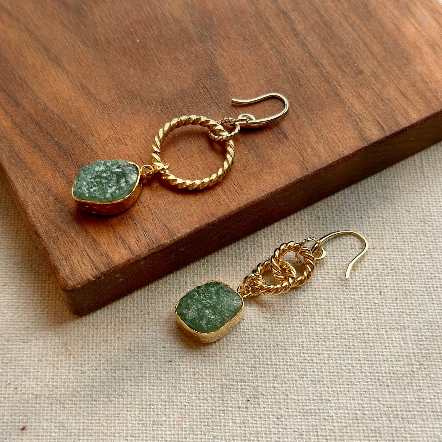 Green Aventurine And Twisted Ring Gold-plated Earring